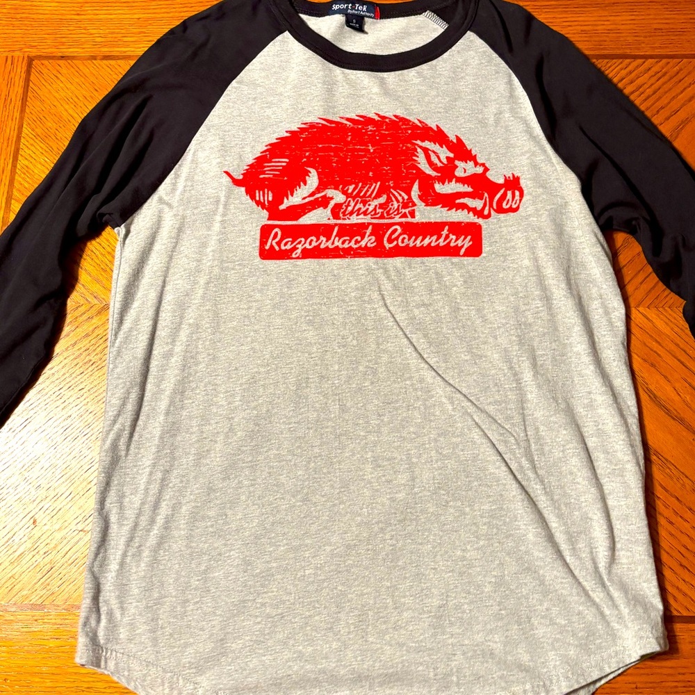 Gray Black Long Sleeve baseball Tee with Red Arkansas Razorback country small